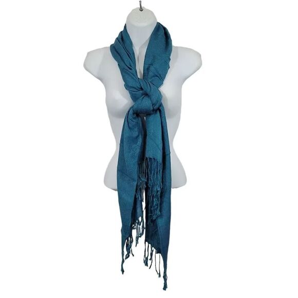 Super Soft Subtle Turquoise and Blue Paisley Fringe Scarf - Picture 2 of 5
